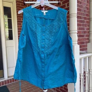 Croft and Barrow Linen Cotton Teal Sleeveless Blouse with Tie